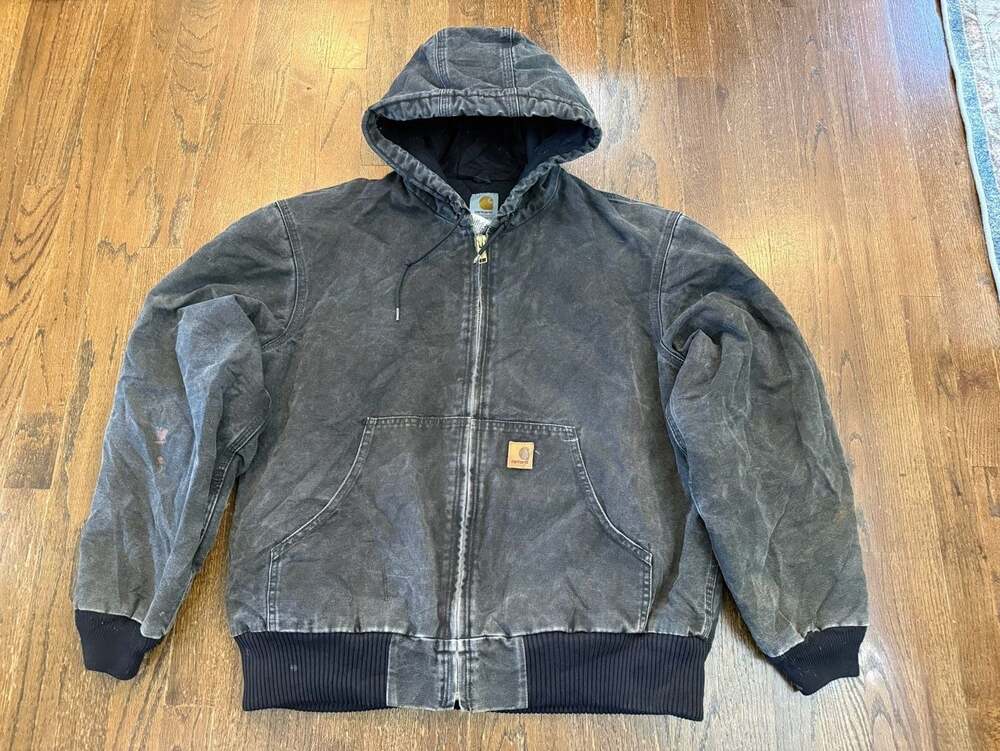 Carhartt J130 Black Zip Up Jacket Faded Canvas Quilted Size L